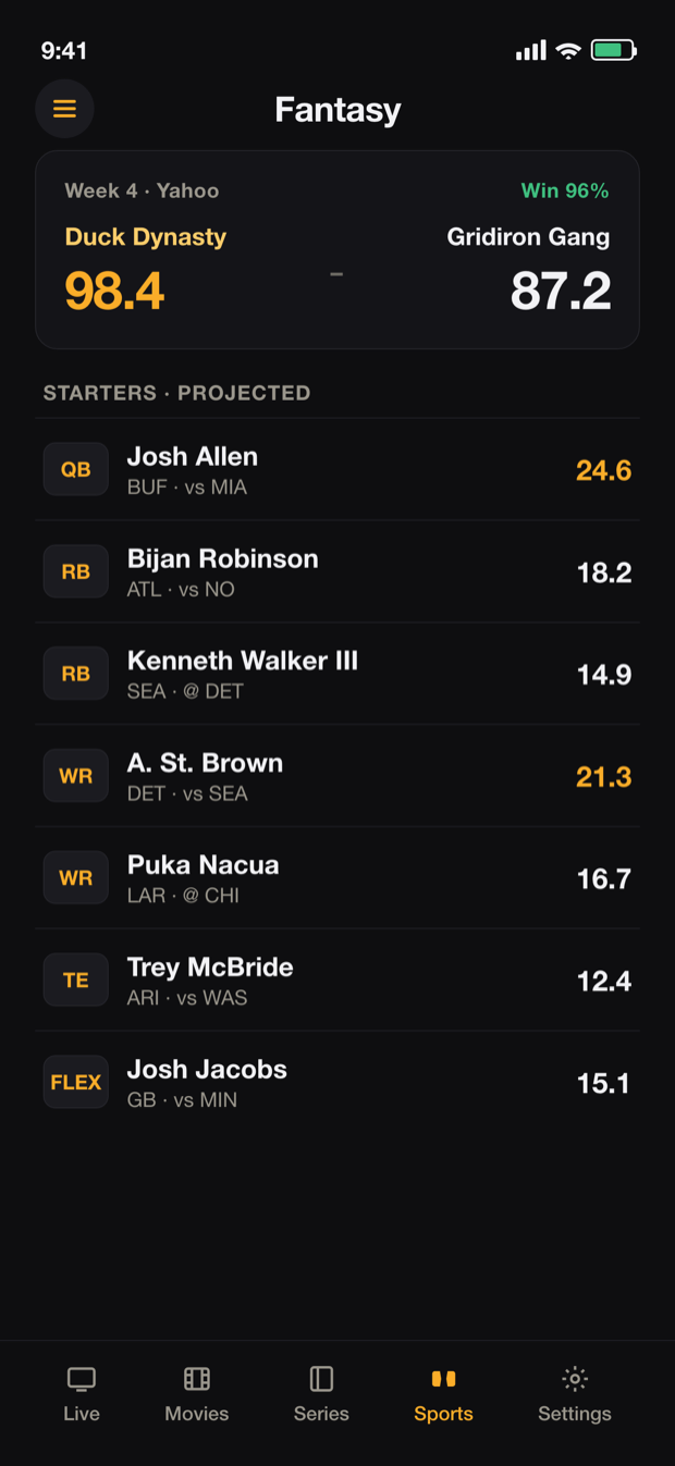 DuckTV fantasy football lineup with projected points and matchup score