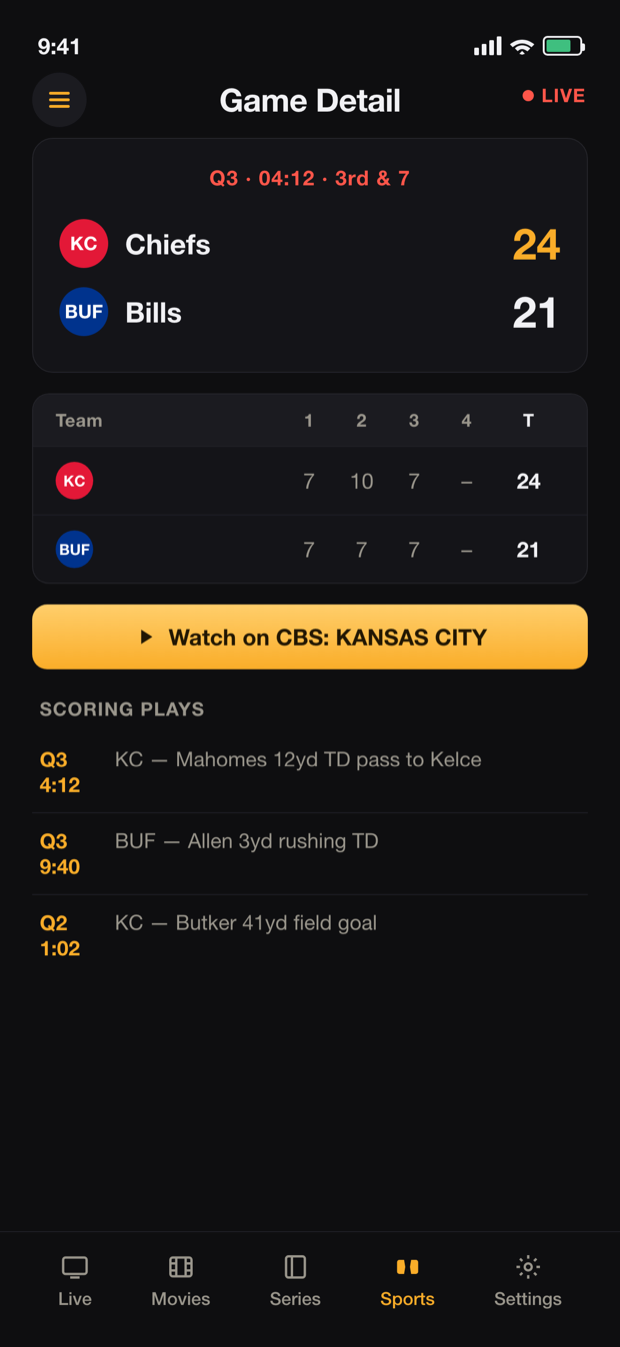 DuckTV live game detail box score with scoring plays