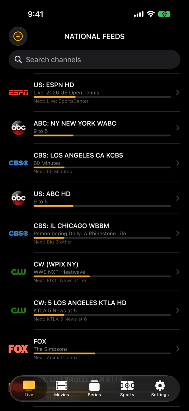 DuckTV live channel list with now-playing program bars